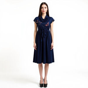 Tracy Vintage Floral Deep Blue Belted Dress
